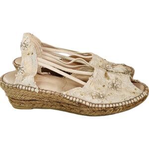 Satin Embroidered Espadrille Wedge Sandals Women’s Size 6.5 Cream Dress Shoes